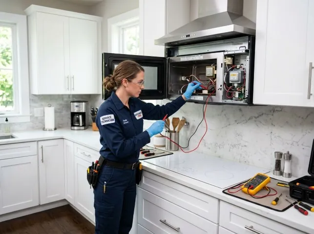 Appliance Repair Hero technician testing an over-the-range microwave in a Aberdeen, NC kitchen